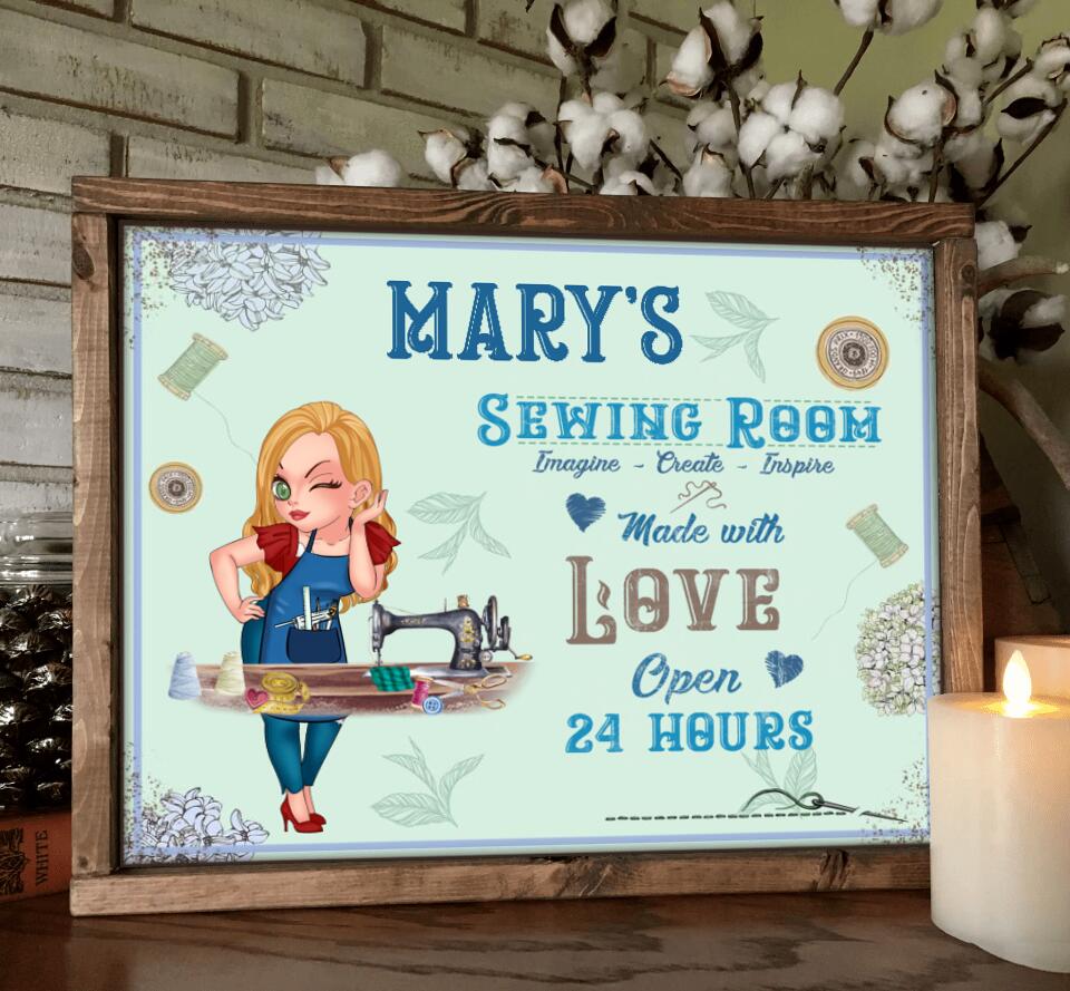 Personalized Sewing Horizontal Poster - Gift Idea For Sewing Lover - Sewing Room, Imagine, Create, Inspire, Made With Love Open 24 Hours
