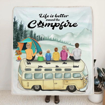 Personalized Camping Blanket - Family On Camper Roof - Life is better around the campfire - JOWCU0