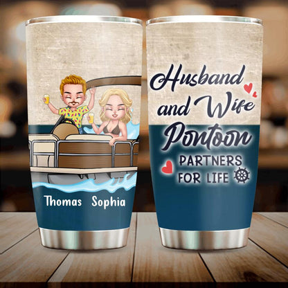 Personalized Pontoon Couple/Queen/Captain Tumbler - Couple/Man/Woman - Pontoon Gift Idea - Husband And Wife Pontoon Partners For Life