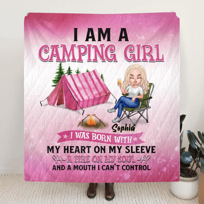 Personalized Camping Queen Quilt - Mother's Day Gift Idea For Camping Lovers - I Am A Camping Girl, I Was Born With My Heart On My Sleeve