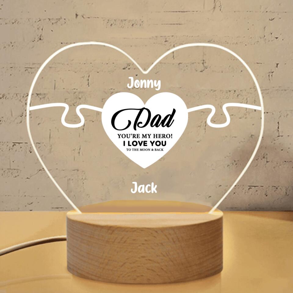 Personalized Father Heart-Shaped Acrylic Photo Panel with Light Base - Up to 7 People - Gift Idea for Father's Day - You're My Hero