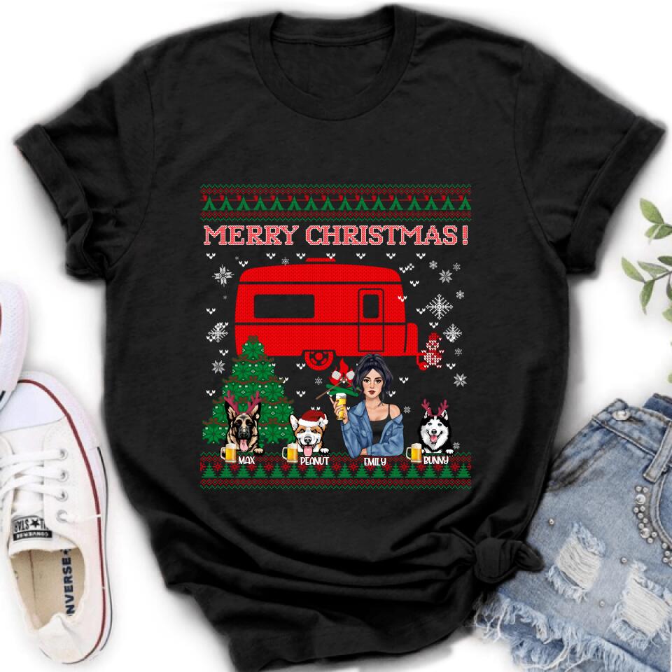 Personalized Dog Mom Camping Sweatshirt - Up to 3 Dogs - Merry Christmas
