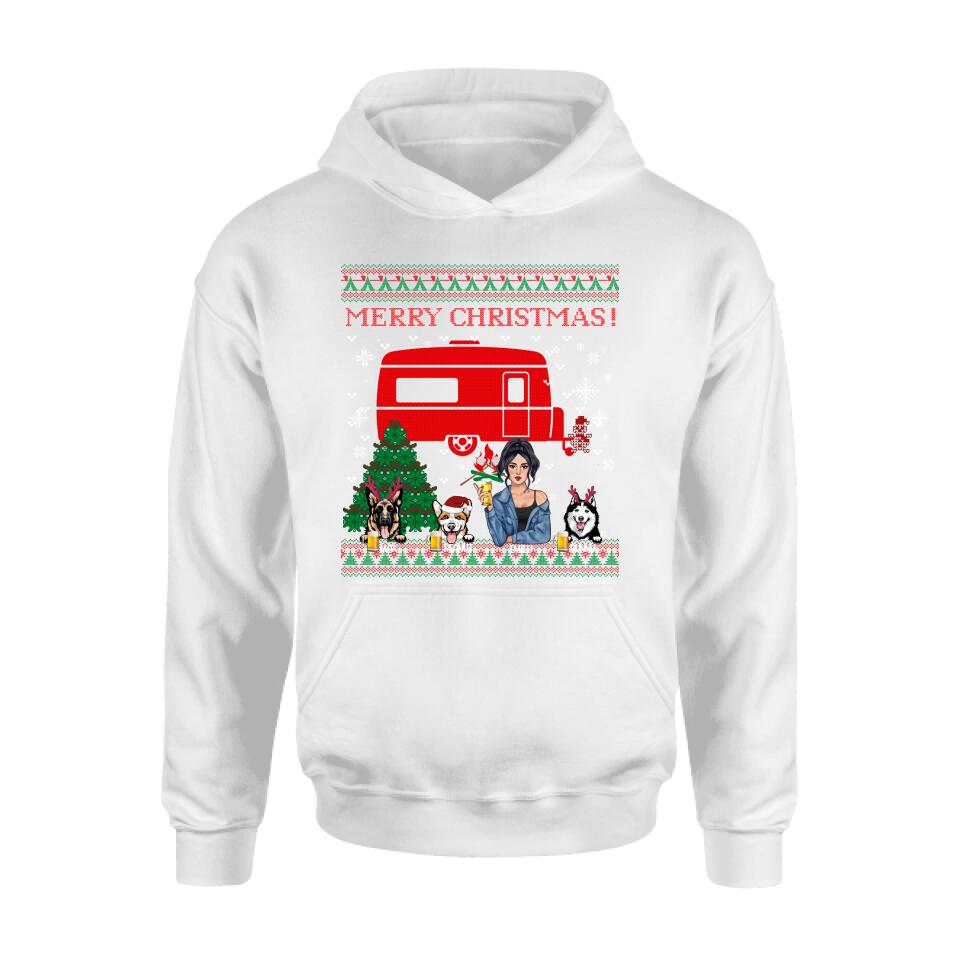 Personalized Dog Mom Camping Sweatshirt - Up to 3 Dogs - Merry Christmas