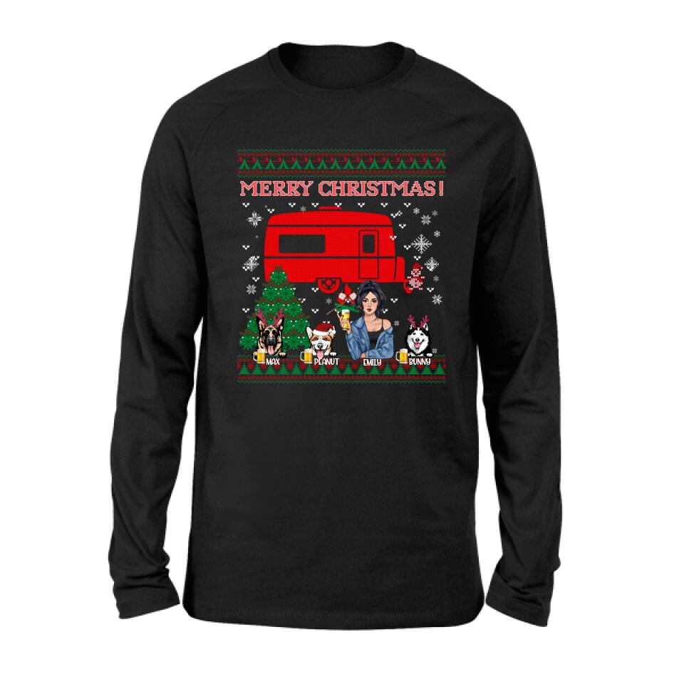 Personalized Dog Mom Camping Sweatshirt - Up to 3 Dogs - Merry Christmas
