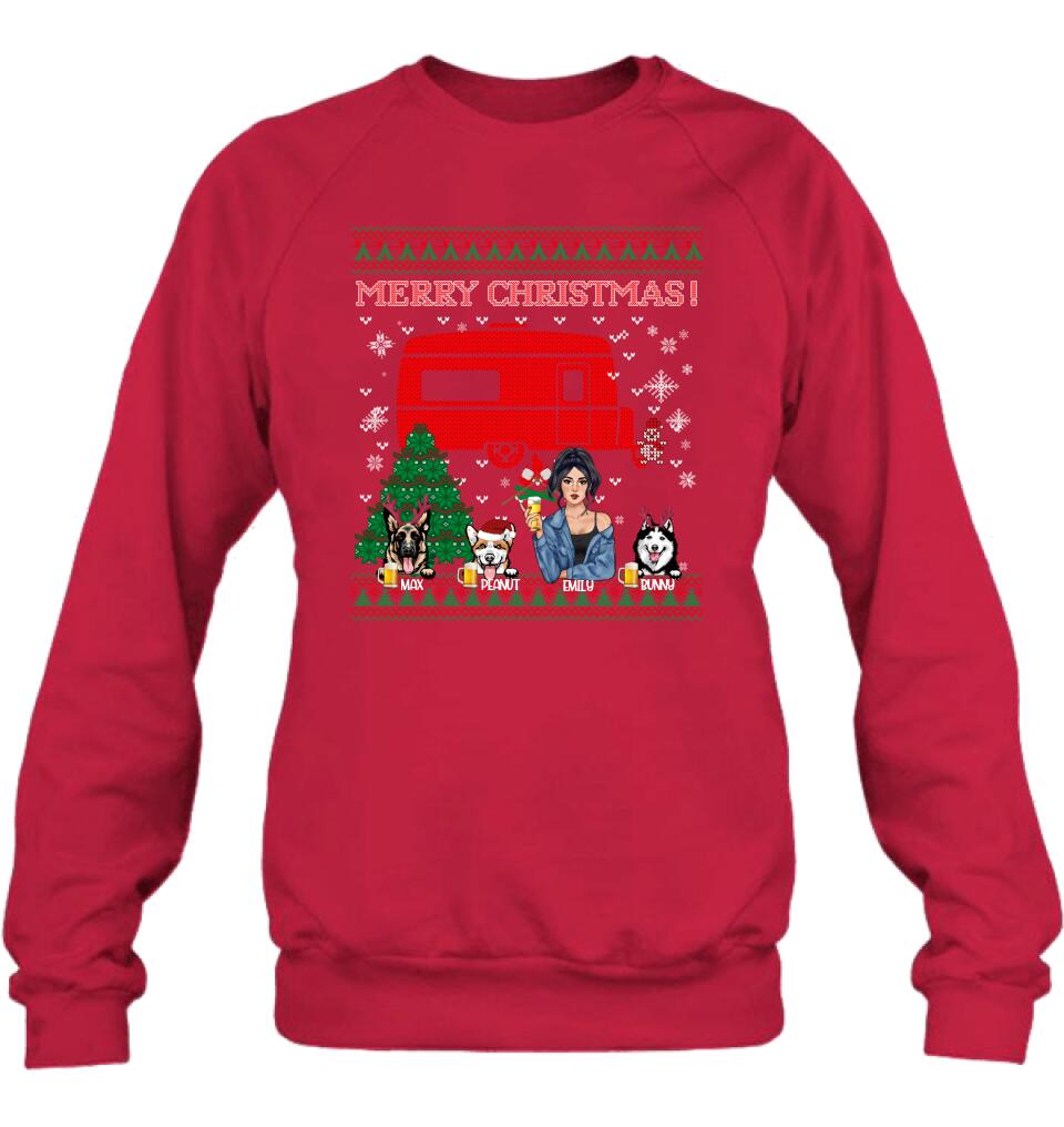 Personalized Dog Mom Camping Sweatshirt - Up to 3 Dogs - Merry Christmas
