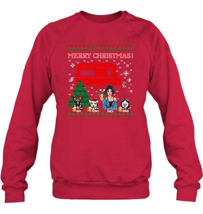 Personalized Dog Mom Camping Sweatshirt - Up to 3 Dogs - Merry Christmas