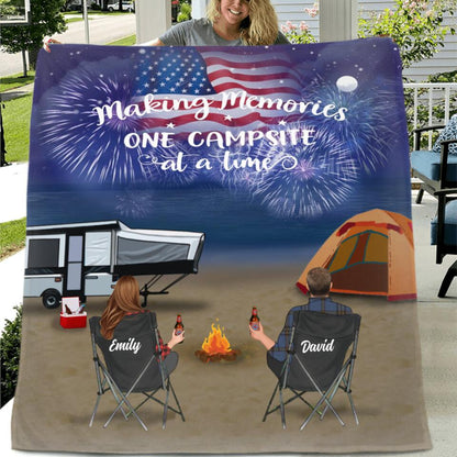 Personalized Beach Night Camping Family Fleece Throw Blanket/Quilt - Adult/Couple/Parents With Up to 3 Kids And 4 Pets - Independence Day Gift Idea For Family/Camping Lover - Happy 4th Of July