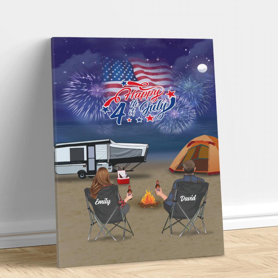 Personalized Beach Night Camping Family Canvas - Adult/Couple/Parents With Up to 3 Kids And 4 Pets - Independence Day Gift Idea For Family/Camping Lover - Happy 4th Of July