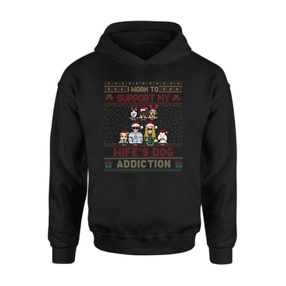 Personalized Xmas Couple Dog Shirt - Up to 5 Dogs - Gift For Dog Lovers/Couple - I Work To Support My Wife's Dog Addiction