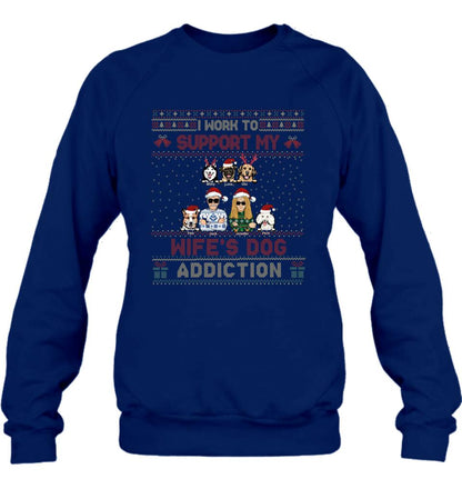 Personalized Xmas Couple Dog Shirt - Up to 5 Dogs - Gift For Dog Lovers/Couple - I Work To Support My Wife's Dog Addiction