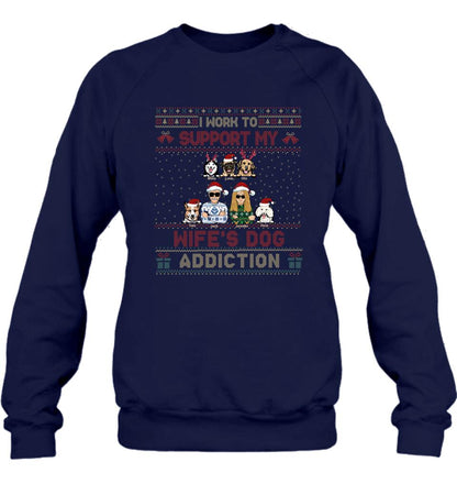 Personalized Xmas Couple Dog Shirt - Up to 5 Dogs - Gift For Dog Lovers/Couple - I Work To Support My Wife's Dog Addiction