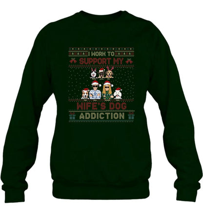 Personalized Xmas Couple Dog Shirt - Up to 5 Dogs - Gift For Dog Lovers/Couple - I Work To Support My Wife's Dog Addiction