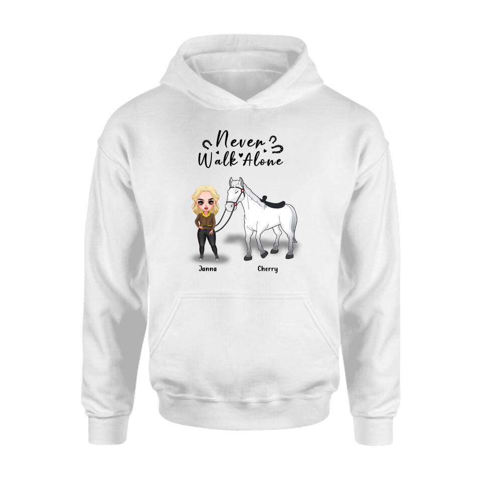 Personalized Horse Girl Chibi Hoodie/Sweatshirt/T-shirt/Long Sleeve - Gift For Horse Lovers with up to 2 Horses - Never Walk Alone