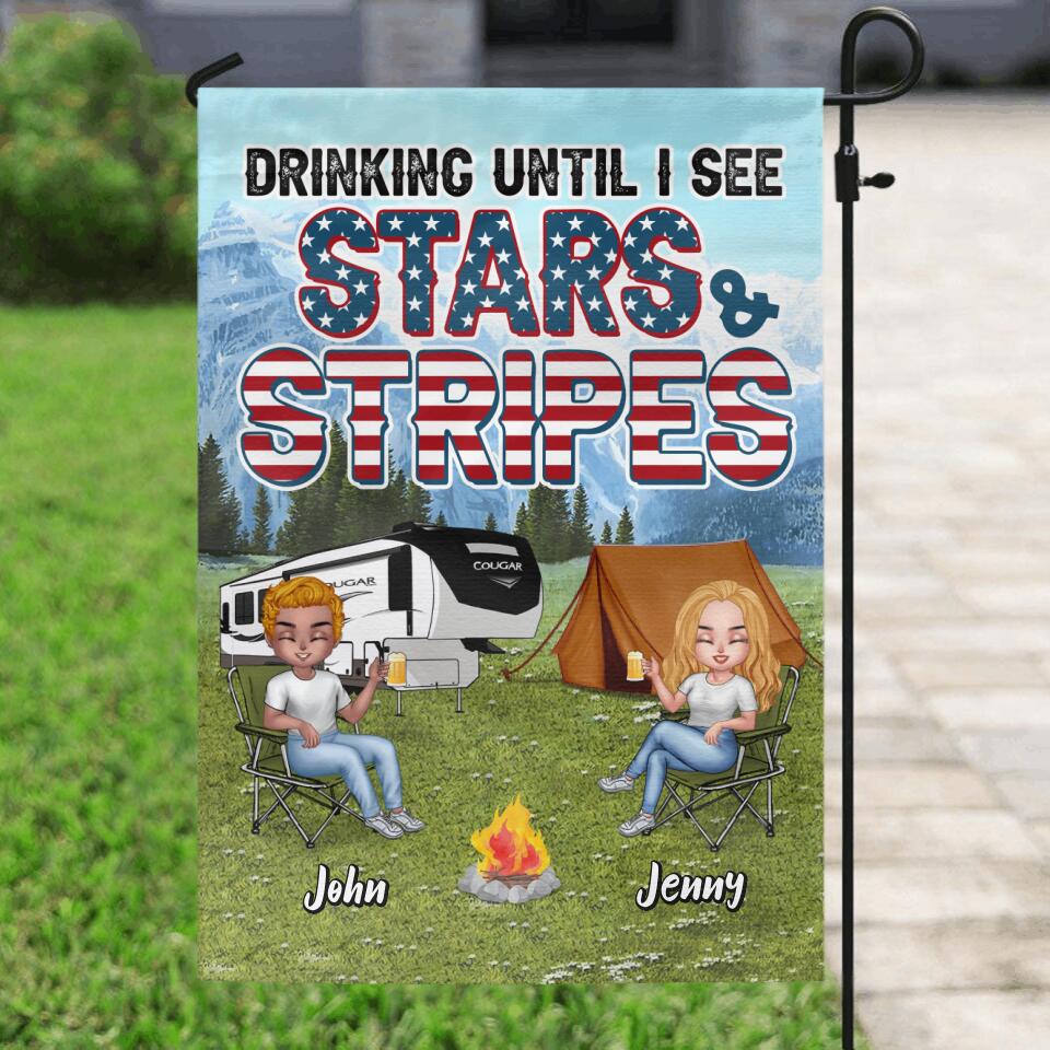 Personalized Camping Friends Flag - Up to 7 People - Gift Idea For Camping Lover/Friends - Drinking Until I See Stars And Stripes