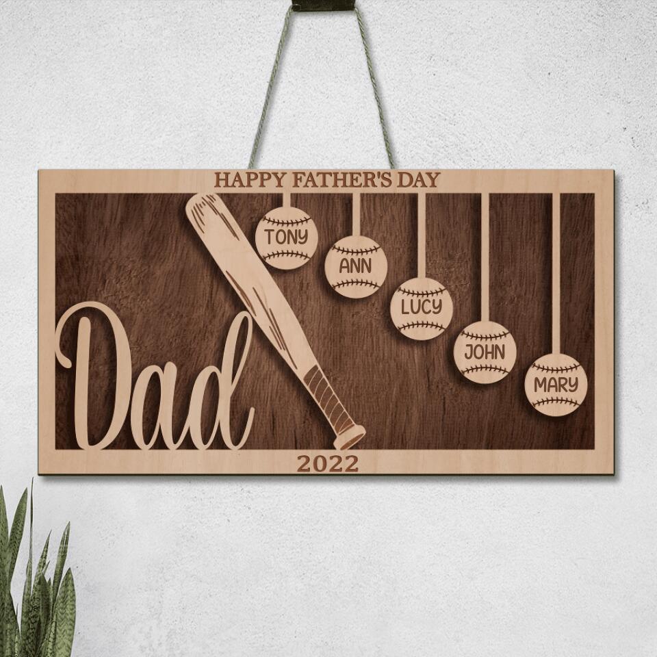 Personalized Baseball Rectangle Wooden Sign - Gift Idea From Kid To Father with up to 5 Kids - Father's Day 2023 Gift