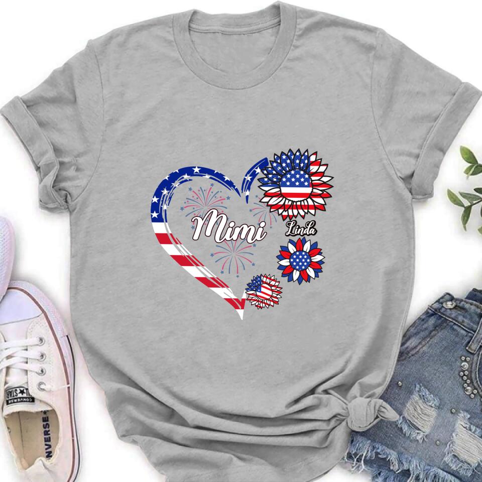 Personalized Grandma T-shirt/Hoodie - Gift Idea For Grandma - Up To 10 Kids - Firework With Sunflower US Flag Funny Kids