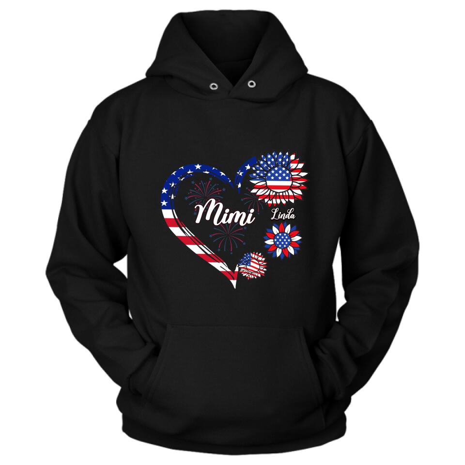 Personalized Grandma T-shirt/Hoodie - Gift Idea For Grandma - Up To 10 Kids - Firework With Sunflower US Flag Funny Kids