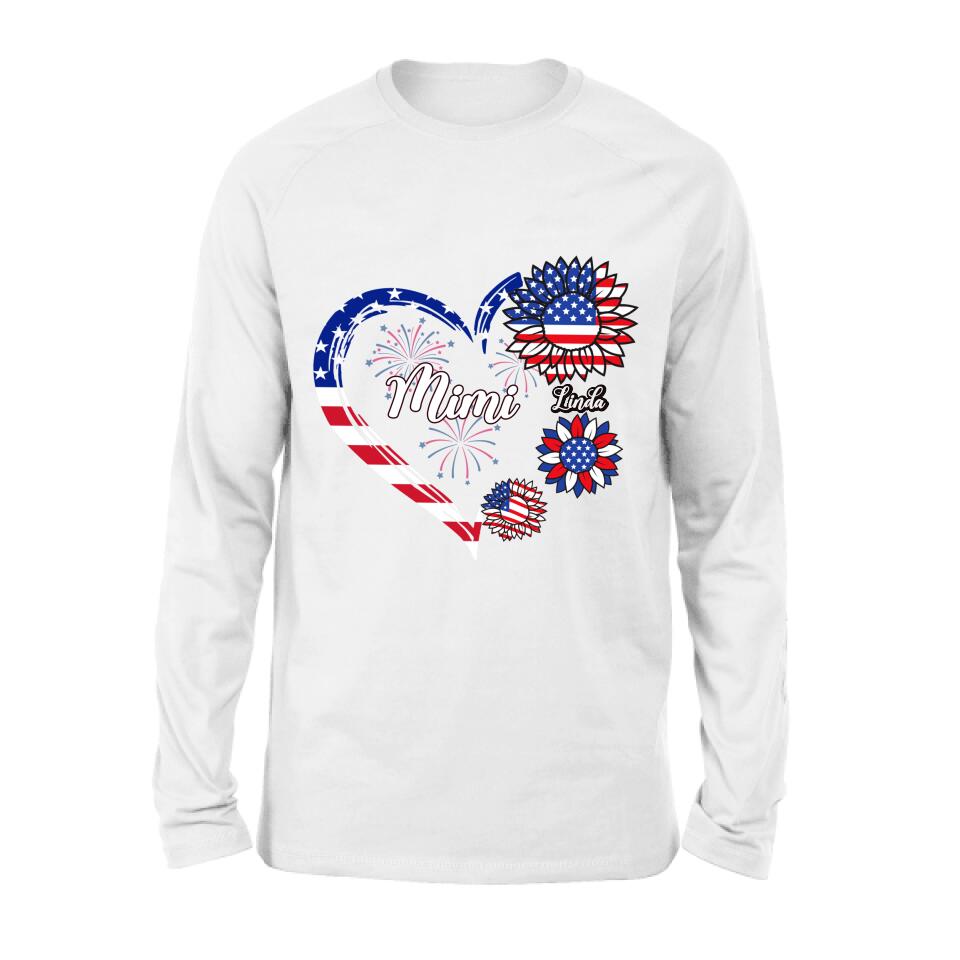 Personalized Grandma T-shirt/Hoodie - Gift Idea For Grandma - Up To 10 Kids - Firework With Sunflower US Flag Funny Kids