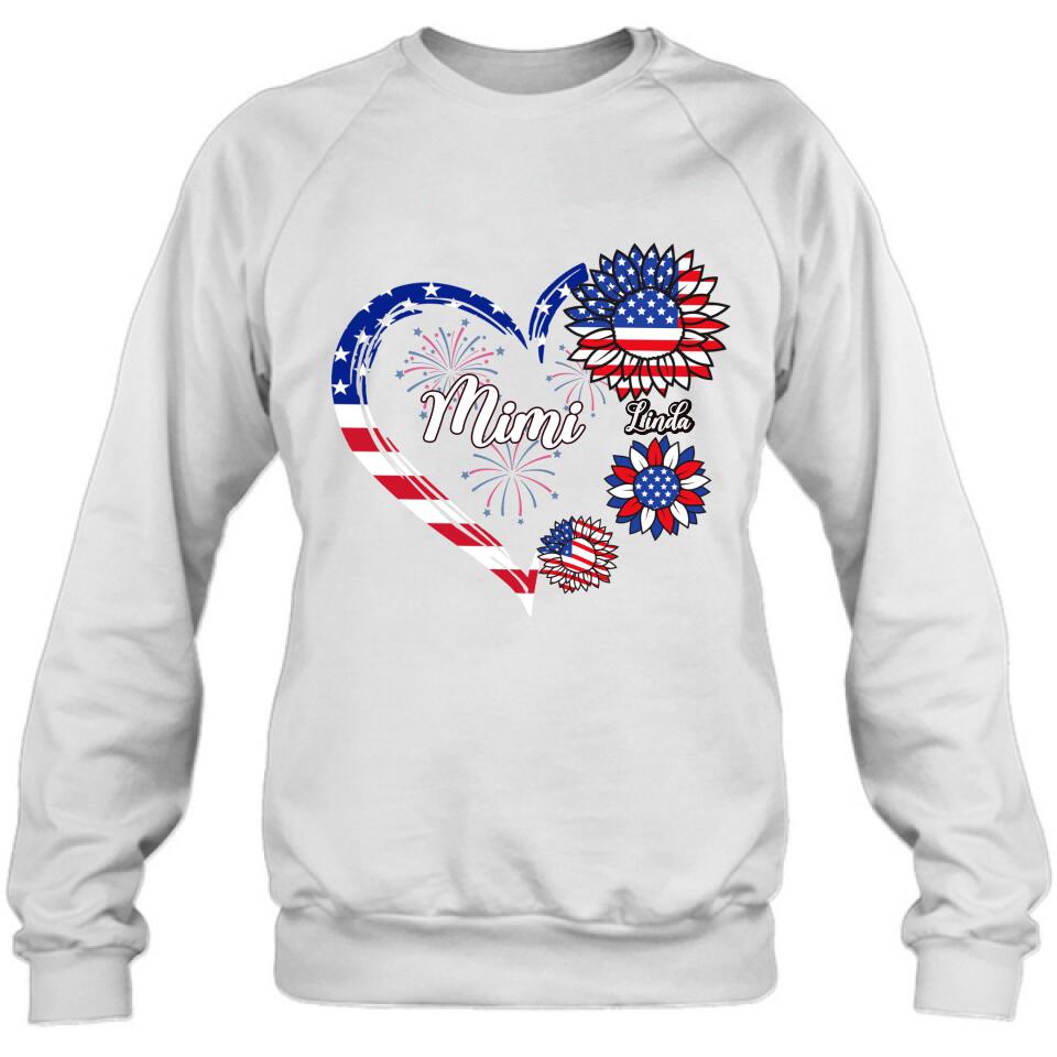 Personalized Grandma T-shirt/Hoodie - Gift Idea For Grandma - Up To 10 Kids - Firework With Sunflower US Flag Funny Kids