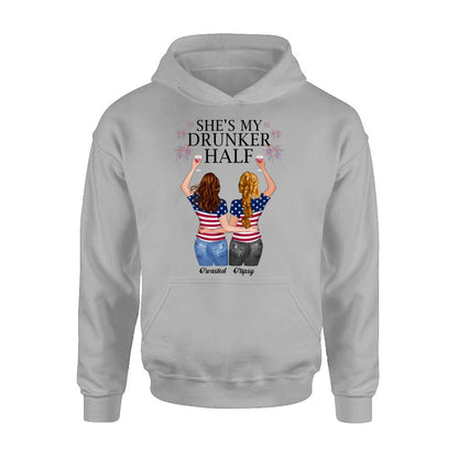 Personalized Friend's 4th Of July T-Shirt/Long Sleeve/Sweatshirt/Hoodie - Gift Idea For Friends/Besties/Sister On Independence Day - Up to 4 Girls - She's My Drunker Half