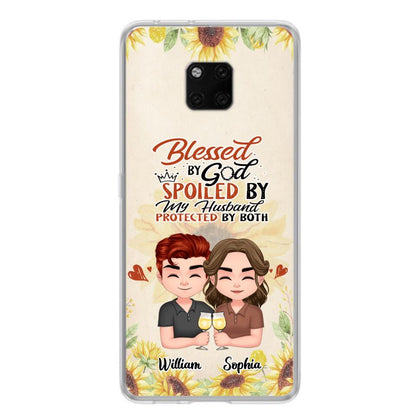 Custom Personalized Chibi Couple Phone Case - Gift Idea For Couple - Blessed By God, Spoiled By My Husband, Protected By Both - Cases For Oppo, Xiaomi & Huawei