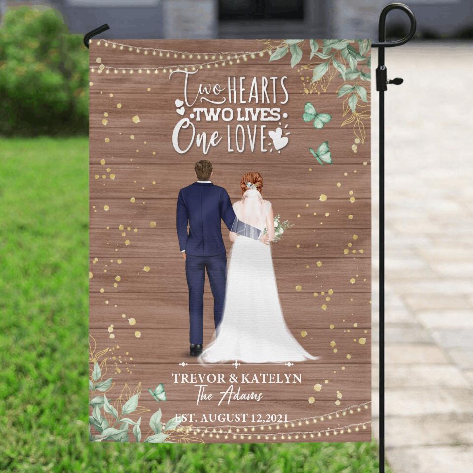 Personalized Couple Wedding Flag Sign - Gift Idea For Couple/Wedding/Wedding Anniversary - Two Hearts, Two Lives, One Love