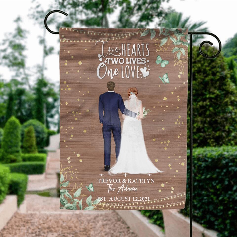 Personalized Couple Wedding Flag Sign - Gift Idea For Couple/Wedding/Wedding Anniversary - Two Hearts, Two Lives, One Love