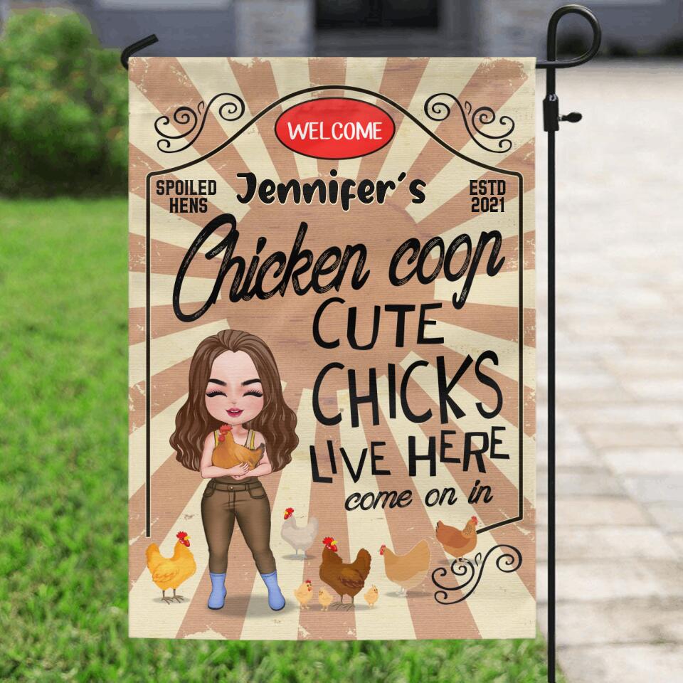 Personalized Cute Chicks Live Here Flag Sign - Chicken Coop Decor Gift For Couple/Chicken Lover