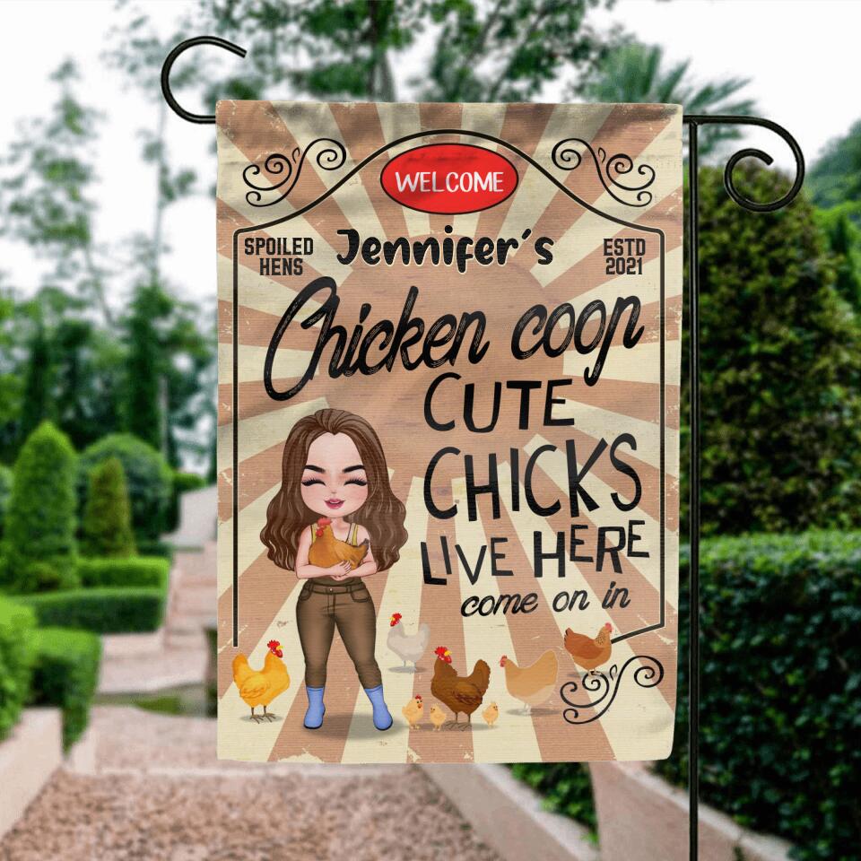 Personalized Cute Chicks Live Here Flag Sign - Chicken Coop Decor Gift For Couple/Chicken Lover