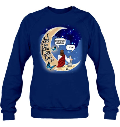 Personalized Memorial God & Dog/Cat Sitting On Moon T-Shirt/Sweatshirt/Pullover Hoodie- Up to 5 Pets - Memorial Gift For Dog/Cat Lover