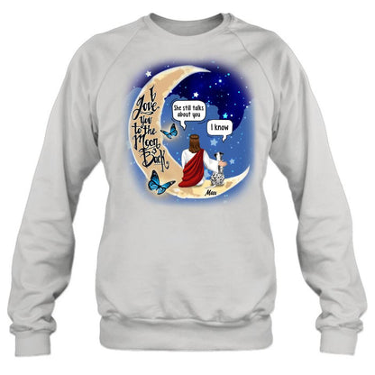 Personalized Memorial God & Dog/Cat Sitting On Moon T-Shirt/Sweatshirt/Pullover Hoodie- Up to 5 Pets - Memorial Gift For Dog/Cat Lover