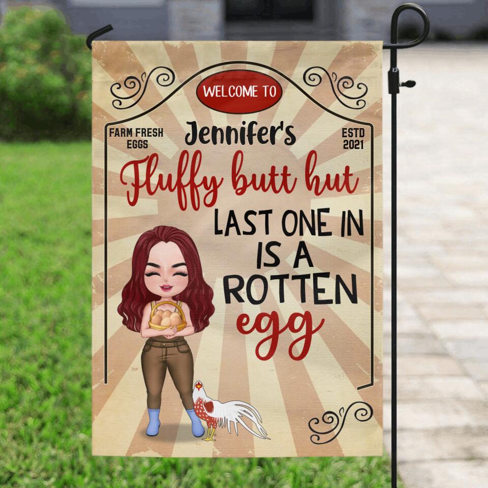 Personalized Chicken Flag - Up to 7 Chickens - Gift Idea For Chicken Lover/Couple - Fluffy Butt Hut Last One In Is A Rotten Egg