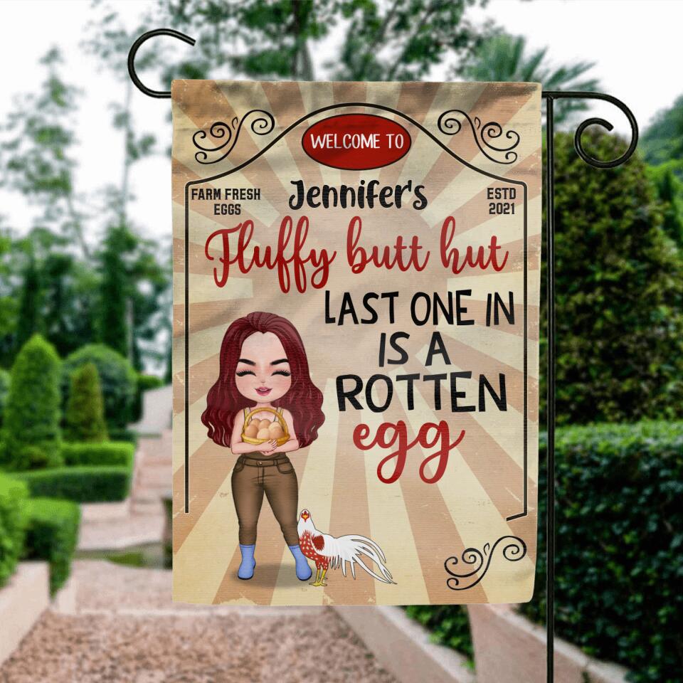 Personalized Chicken Flag - Up to 7 Chickens - Gift Idea For Chicken Lover/Couple - Fluffy Butt Hut Last One In Is A Rotten Egg