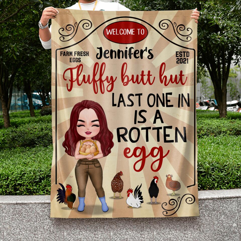 Personalized Chicken Flag - Gift Idea For Chicken Lover/Couple - Fluffy Butt Hut Last One In Is A Rotten Egg