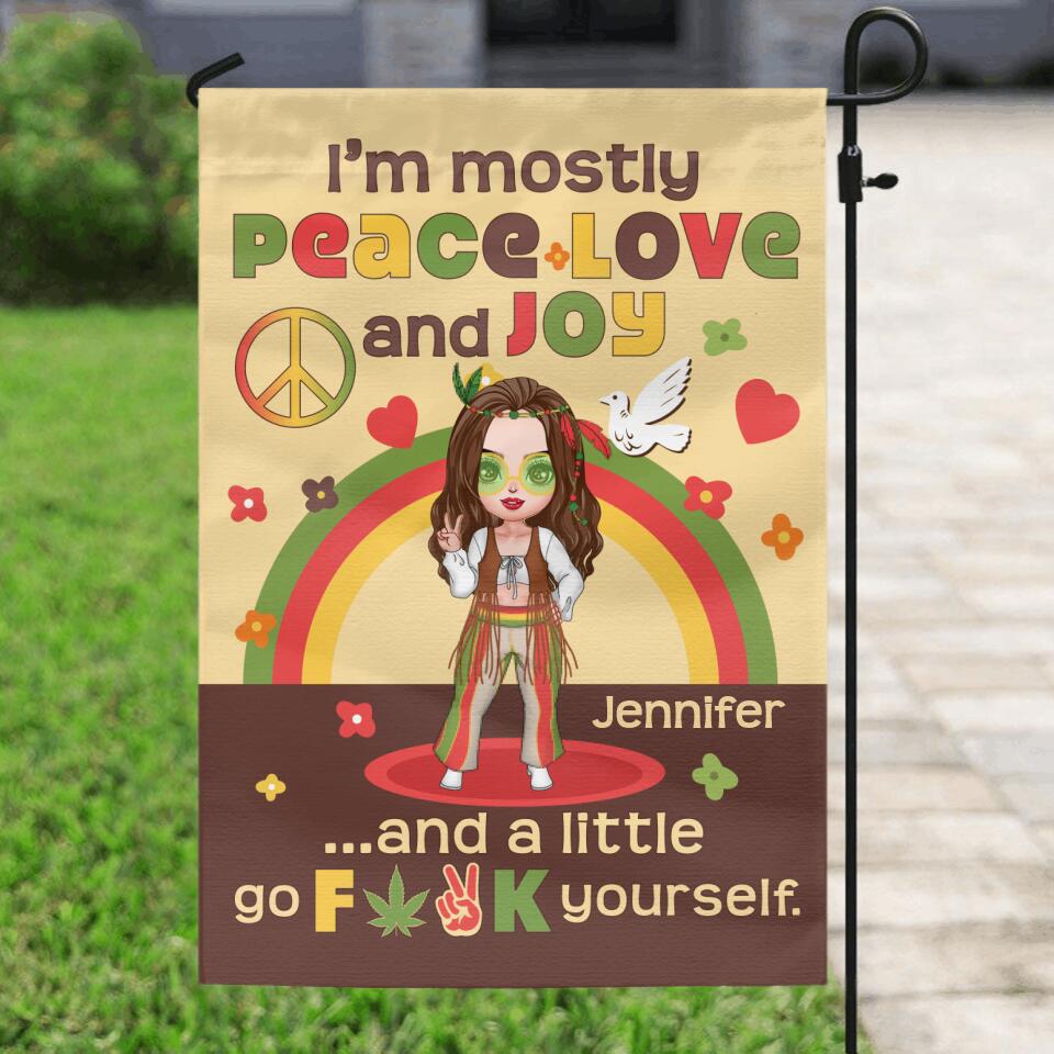 Personalized Chibi Girl Flag Sign - Gift Idea For Best Friend/Birthday - I'm Mostly Peace Love And Joy