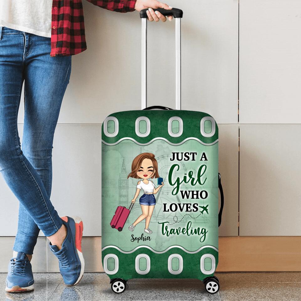 Personalized Traveling Girl Suitcase Luggage Cover - Just A Girl Who Loves Traveling - Gift For Girl/Traveling Lovers