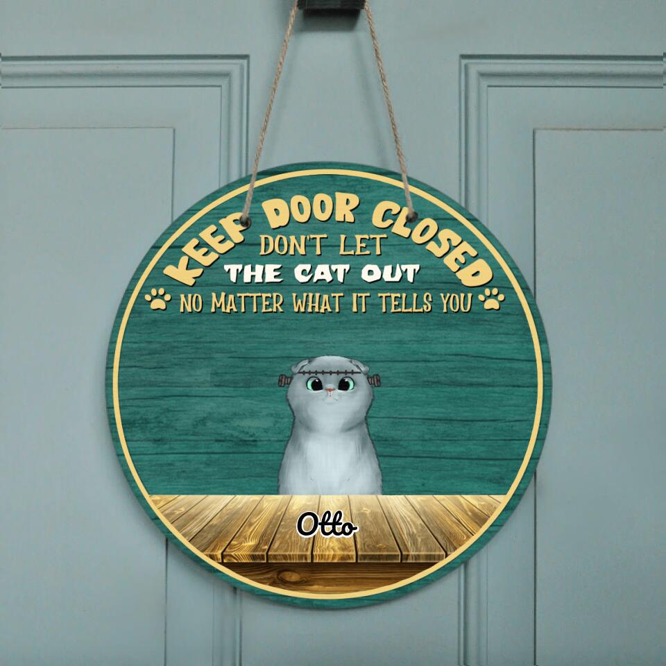 Personalized Halloween Cats Wooden Sign - Up to 5 Cats - Halloween Gift Idea For Cat Lovers - Keep Door Closed Don't Let The Cat Out
