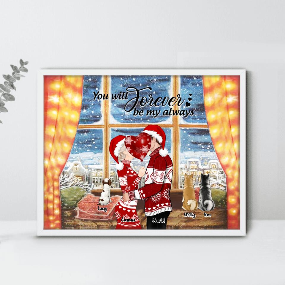 Personalized Kissing Couple Xmas Horizontal Poster - Couple With Up to 3 Pets - Best Gift For Christmas - You Will Forever Be My Always - EWFNOK
