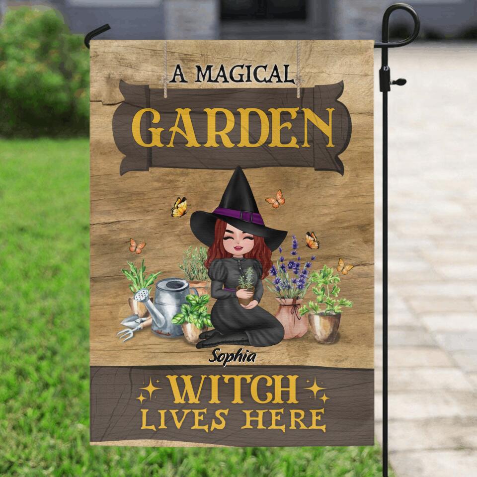 Personalized Garden Witch Flag Sign - Gift Idea For Halloween/Wiccan Decor/Pagan Decor - A Magical Garden Witch Lives Here