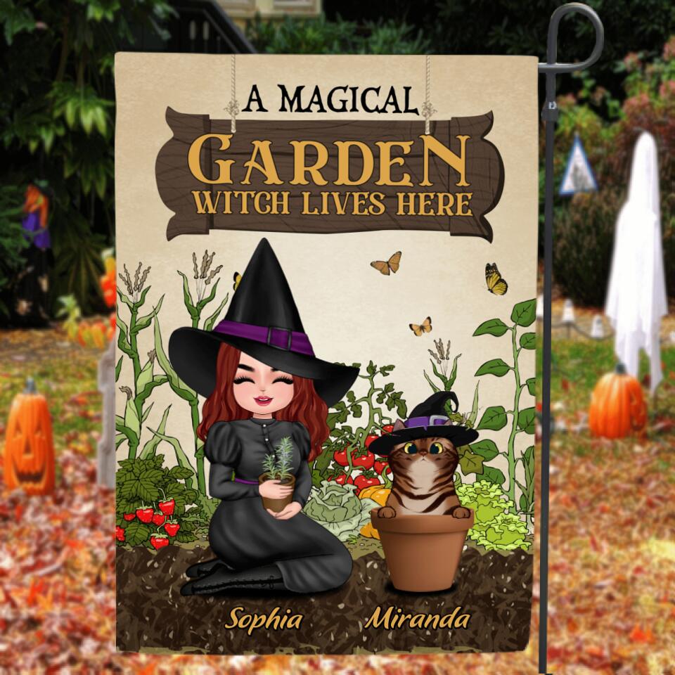 Personalized Garden Witch Flag - Up to 5 Cats - Halloween Gift Idea For Cat Lovers/Wiccan Decor/Pagan Decor - A Magical Garden Witch Lives Here