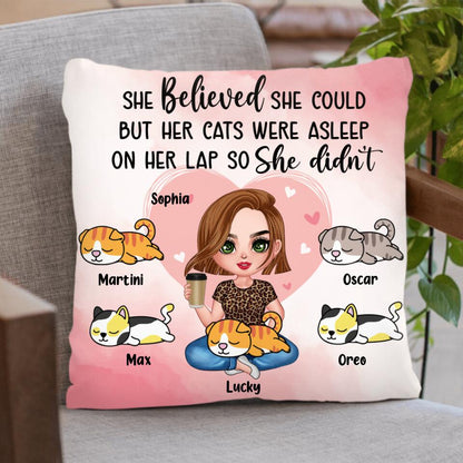 Personalized Cat Mom Pillow Cover - Gift Idea For Cat Owner with up to 5 Cats - Her Cats Were Asleep On Her Lap