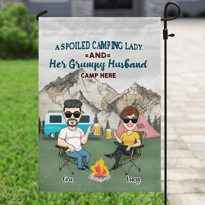 Personalized Camping Couple Flag - Couple With Up to 4 Dogs - Gift Idea For Camping/Dog Lover - A Spoiled Camping Lady And Her Grumpy Husband Camp Here