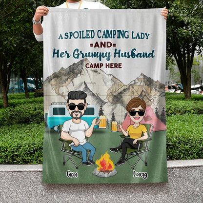 Personalized Camping Couple Flag - Couple With Up to 4 Dogs - Gift Idea For Camping/Dog Lover - A Spoiled Camping Lady And Her Grumpy Husband Camp Here