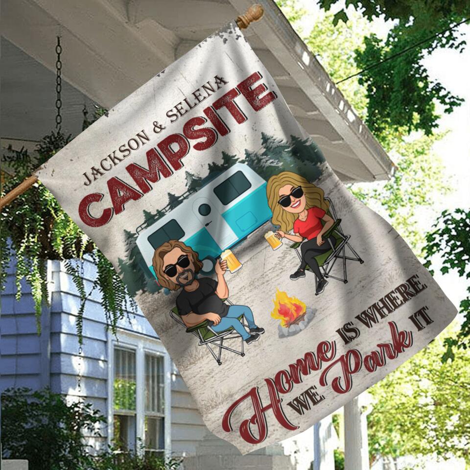 Personalized Camping Couple Flag Sign - Couple With Up to 4 Dogs - Gift Idea For Couple/Camping Lover - Home Is Where We Park It
