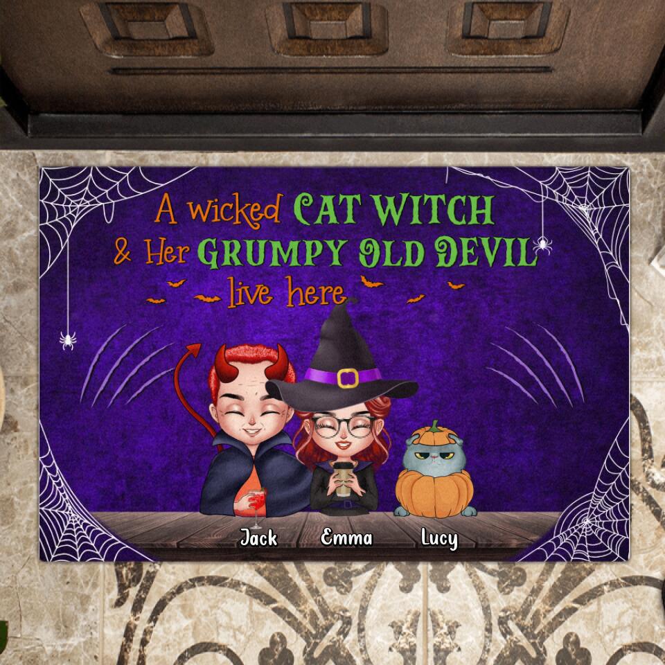Personalized Halloween Couple Doormat - Up to 6 Cats - Halloween Gift For Couple/Cat Lovers/Wiccan Decor/Pagan Decor - A Wicked Cat Witch And Her Grumpy Old Devil Live Here