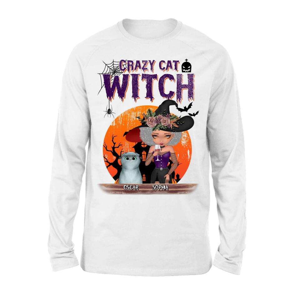 Personalized Crazy Cat Witch T-Shirt - Up to 4 Cats - Halloween Gift Idea For Cat Lovers