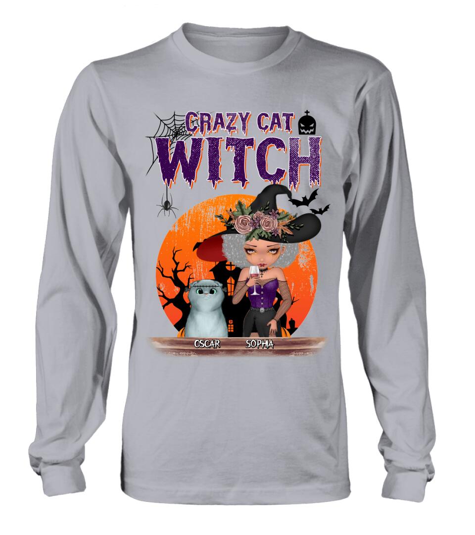 Personalized Crazy Cat Witch T-Shirt - Up to 4 Cats - Halloween Gift Idea For Cat Lovers