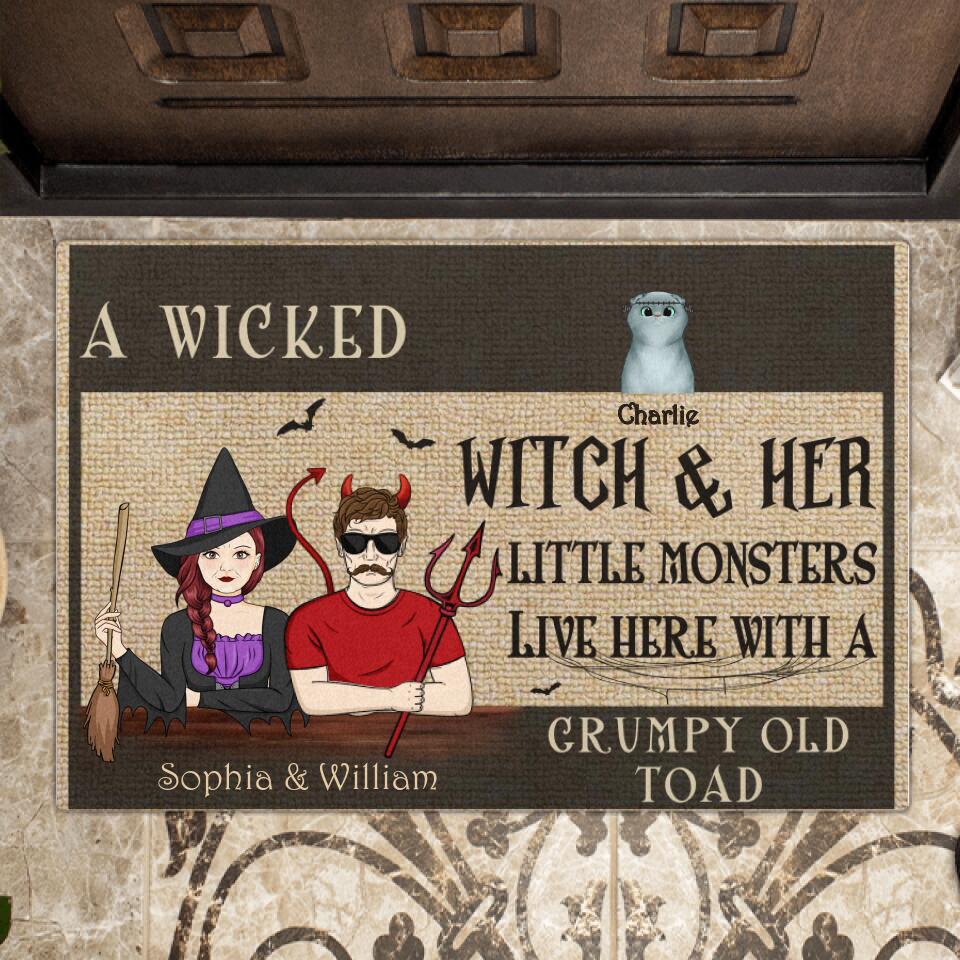 Personalized Couple Halloween Doormat - Up to 5 Pets - Halloween Gift Idea For Couple/Dog/Cat Lover - A Wicked Witch & Her Little Monsters Live Here With A Grumpy Old Toad
