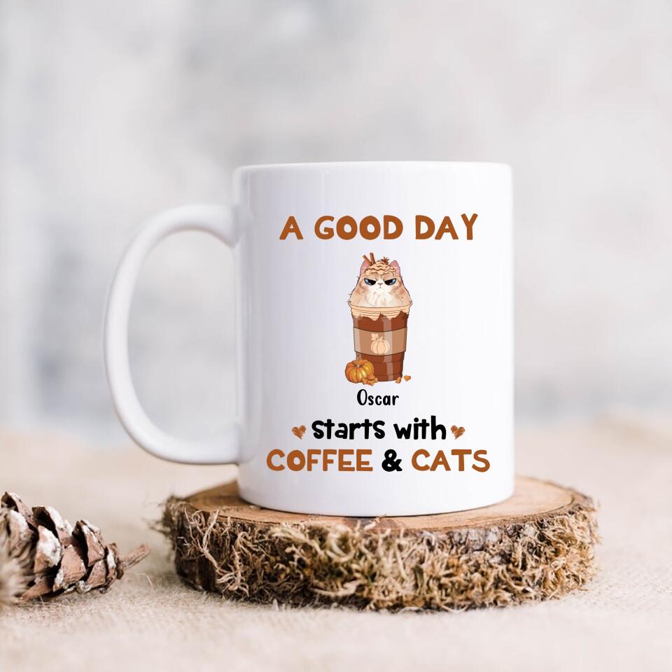 Personalized Cat Mom & Coffee Mug - Gift Idea For Cat Lover - Up To 5 Cats - A Good Day Starts With Coffee & Cats