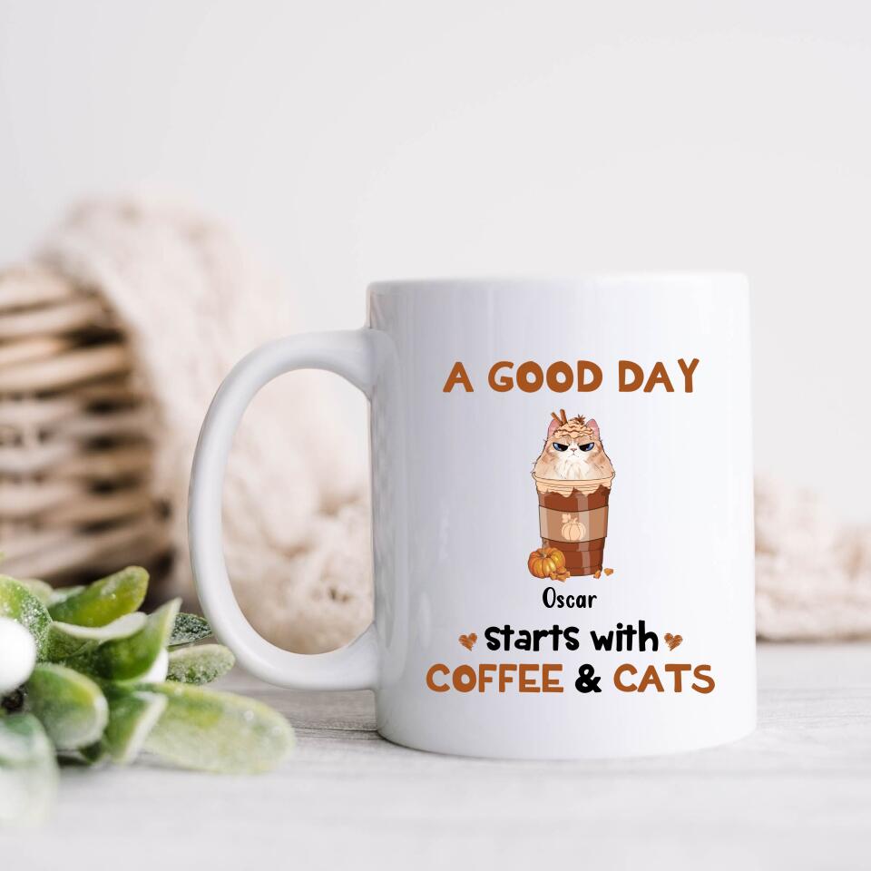 Personalized Cat Mom & Coffee Mug - Gift Idea For Cat Lover - Up To 5 Cats - A Good Day Starts With Coffee & Cats